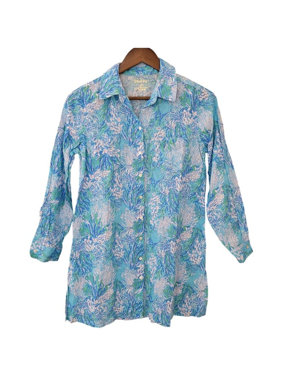 Lilly Pulitzer Linen Cover Up Shirt Tunic Size XS Las Olas Aqua Resortwear NWOT